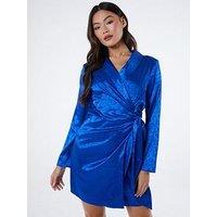 Quiz Satin Jacquard Tie Blazer Dress - Blue