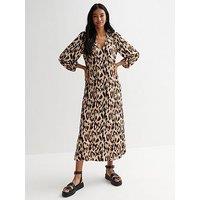New Look Brown Leopard Print Puff Sleeve Midi Smock Dress