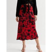 New Look Red Floral Satin Bias Cut Midi Skirt