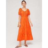V By Very Puff Sleeve Button Through Midi Dress - Orange