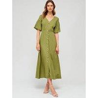 Fig & Basil Puff Sleeve Button Through Midaxi Dress - Green