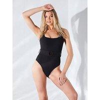 In The Style Square Neck Belted Swimsuit - Black