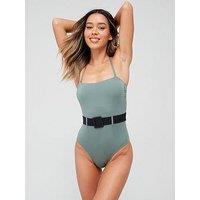 V By Very Shape Enhancing Bandeau Detachable Strap Belted Swimsuit - Green