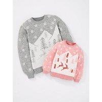 Mini V By Very Girls Family Mini Me Mountain And Reindeer Christmas Jumper - Pink