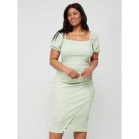 V By Very Curve Square Neck Textured Puff Sleeve Midi Dress - Green