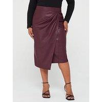 V By Very Curve Faux Leather Wrap Detail Midi Skirt - Brown