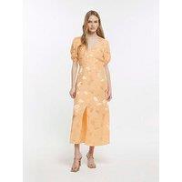 River Island Womens Swing Midi Dress Orange Jacquard Print Short Puff Sleeve