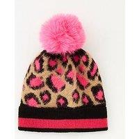 V By Very Girls Leopard Single Pom Beanie Hat - Pink