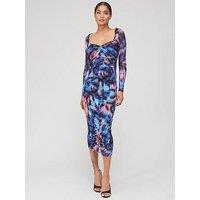 V By Very Ruched Front Mesh Midi Dress - Print