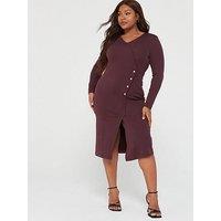 V By Very Curve Button Side Structured Long Sleeve Midi Dress - Brown