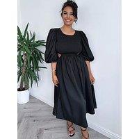 In The Style Natasha Sandhu Puff Sleeve Cut Out Waist Midi Dress - Black