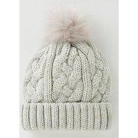 V By Very Cable Knit Beanie With Faux Fur Pom