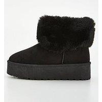 Everyday Flatform Faux Suede Ankle Boot With Faux Fur Collar - Black