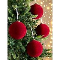 Very Home Set Of 4 Large Flocked Christmas Tree Baubles - Burgundy