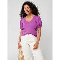 V By Very Woven Puff Sleeve V Neck Top - Purple