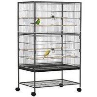 Pawhut Large Bird Cage Budgie Cage For Finch Canaries Parakeet With Rolling Stand, Slide-Out Tray, Storage Shelf, Food Containers, Dark Grey