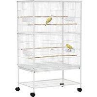 Pawhut Large Bird Cage Aviary For Finch Canaries, Budgies With Rolling Stand, Slide-Out Tray, Storage Shelf, Wood Perch, Food Containers, White