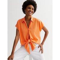 New Look Bright Orange Linen Blend Tie Front Shirt