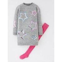 Mini V By Very Girls Sequin Star Knitted Dress And Tights - Grey