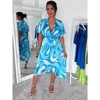 In The Style Natasha Sandhu Abstract Print Short Sleeve Wrap Midaxi Dress - Blue/Green