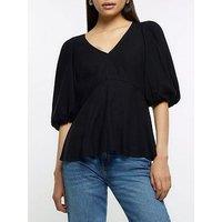 River Island Womens Top Black Short Puff Sleeve With Linen V-Neck Blouse