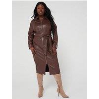 V By Very Curve Pu Belted Zip Midi Dress - Brown