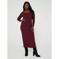 V By Very Curve Scoop Neck Fitted Rib Long Sleeve Midi Dress - Red