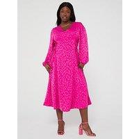 V By Very Curve Animal Jacquard Lace Up Long Sleeve Midi Dress - Pink