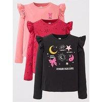 V By Very Girls 3 Pack Star And Plain Frill T-Shirt - Multi