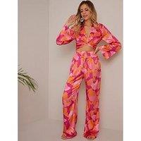 Chi Chi London Abstract Print Tie Waist Trousers In Pink