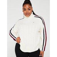 Tommy Hilfiger Curve Stripe Cable Knit Roll Neck Jumper - White