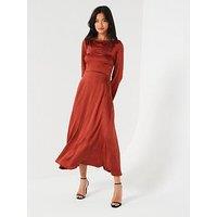 V By Very Satin Ls Cowl Back Dress - Brown