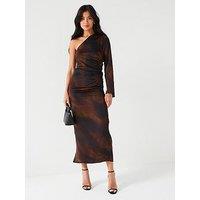 V By Very One Shoulder Ruched Satin Ombre Midi Dress - Brown