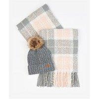 Barbour Saltburn Beanie & Tartan Scarf Set - Grey Rose