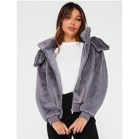 V By Very Sporty Faux Fur Jacket With Hood - Grey