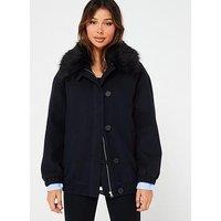V By Very Faux Wool Bomber Jacket With Faux Fur Collar - Navy