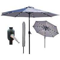 Glamhaus Solar Led Tilting Light Grey Garden Parasol Umbrella 2.7M With Crank Handle, Uv40+ Protection, Includes Protection Cover - Robust Steel