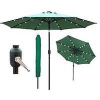 Glamhaus Solar Led Tilting Green Garden Parasol Umbrella 2.7M With Crank Handle, Uv40+ Protection, Includes Protection Cover - Robust Steel