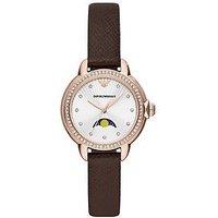 Emporio Armani White Moonphase Dial Rose Bezel Brown Strap Ladies Watch