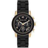 Michael Kors Runway Black Chronograph Gold Tone Case Black Silicone Bracelet Ladies Watch