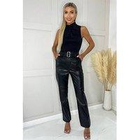 Ax Paris Black Faux Leather Straight Leg Belted Trousers
