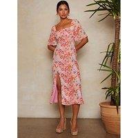 Chi Chi London Short Sleeve Square Neck Floral Midi Dress In Pink