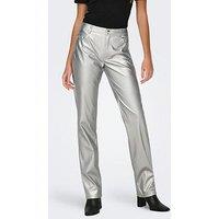 Only Mid-Rise Faux Leather Straight Leg Trouser - Silver