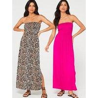 Everyday Shirred Beach Maxi Dress 2 Pack - Pink/ Animal Print