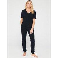 Everyday Mid Sleeve V-Neck Top And Jogger Pj Set - Black