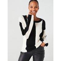 V By Very Crew Neck Block Stripe Knitted Tunic - Black And Ivory