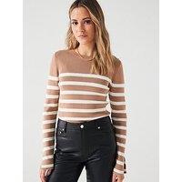 V By Very Boat Neck Button Shoulder Knitted Stripe Top - Natural