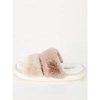 V By Very Twin Strap Faux Fur Slipper Slider - Brown