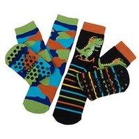 Totes Totes2Pk Original Younger Kids Dino Slipper Socks - Multi