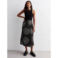 New Look Black Rose Spot Print Satin Midaxi Skirt